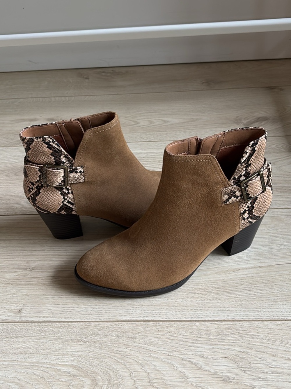 Vionic Tan Suede Ankle Booties with Snake-Print